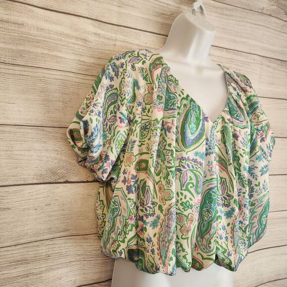 Entro S Green Paisley v-neck puff sleeve crop cottagecore Y2K Fairy Boho top - Picture 2 of 9